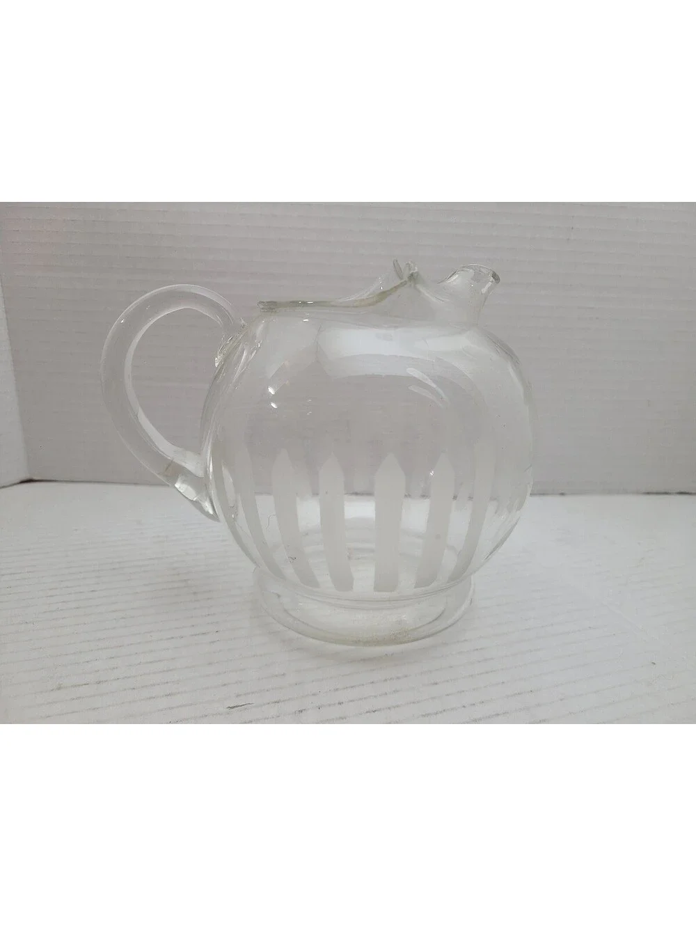 Vintage MC Roly Poly Round Small Clear Pitcher Etched Flowers & Picketts